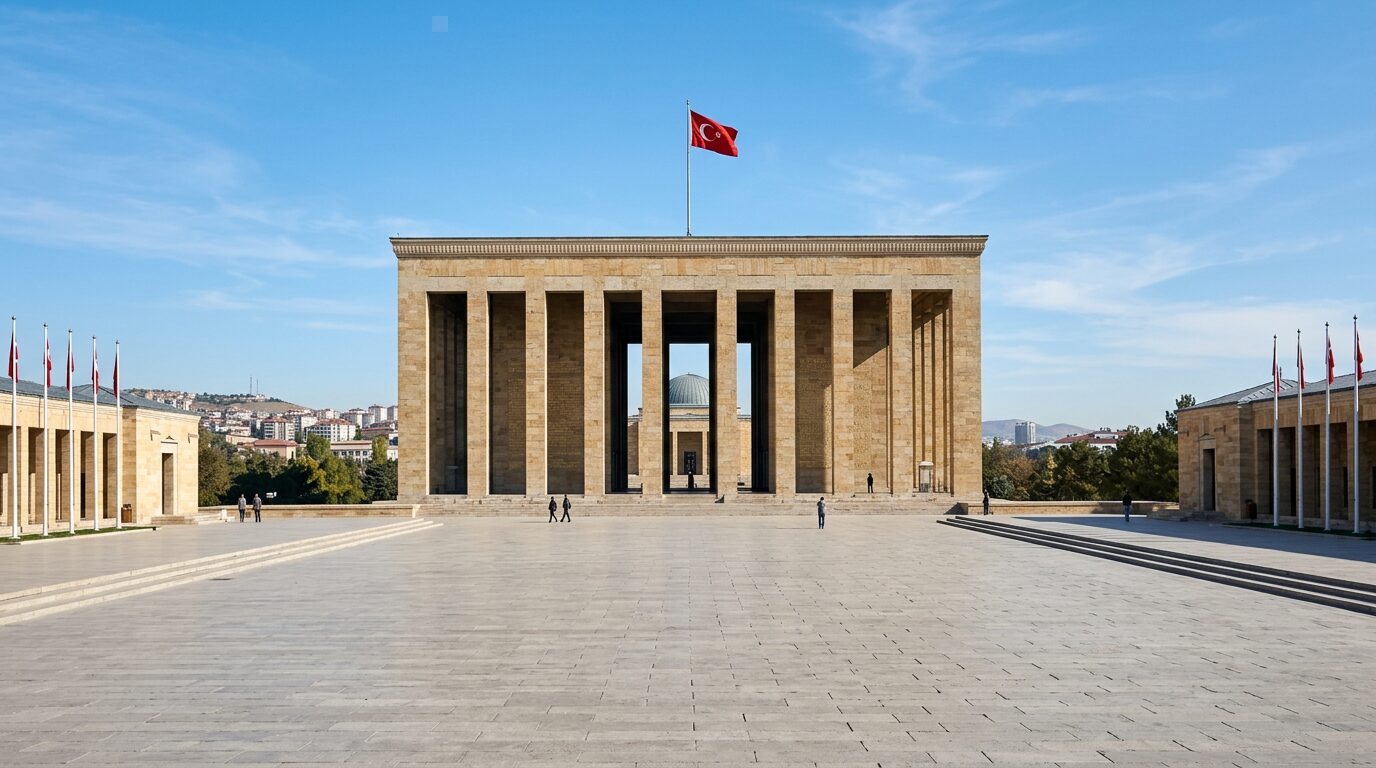 The monumental Anıtkabir mausoleum and colonnade in Ankara under a clear blue sky