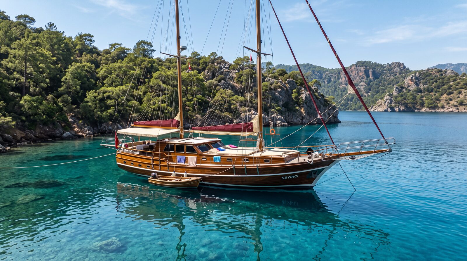 A traditional wooden gulet yacht anchored in a turquoise Turkish bay