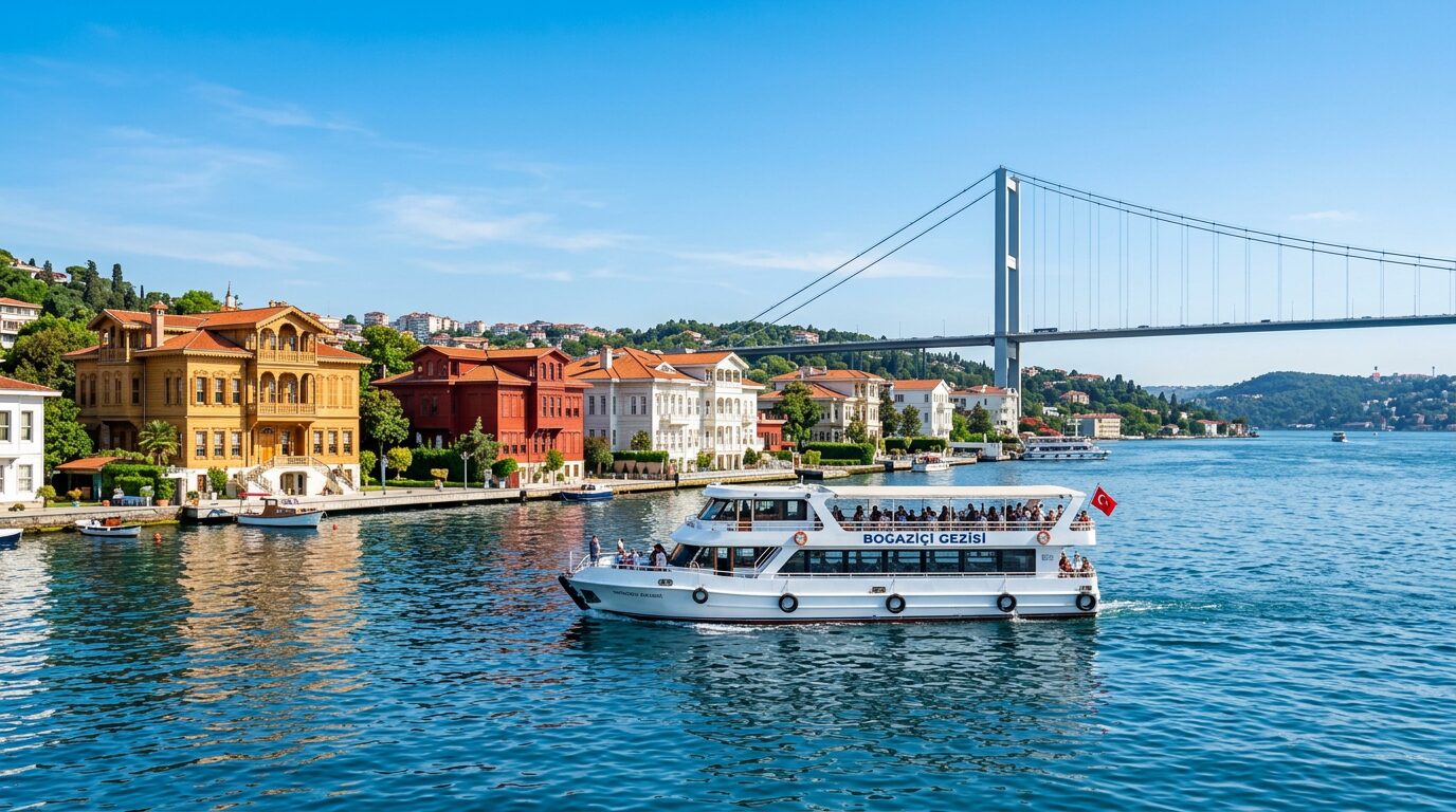 A tour boat cruising the Bosphorus past Ottoman waterside mansions in Istanbul