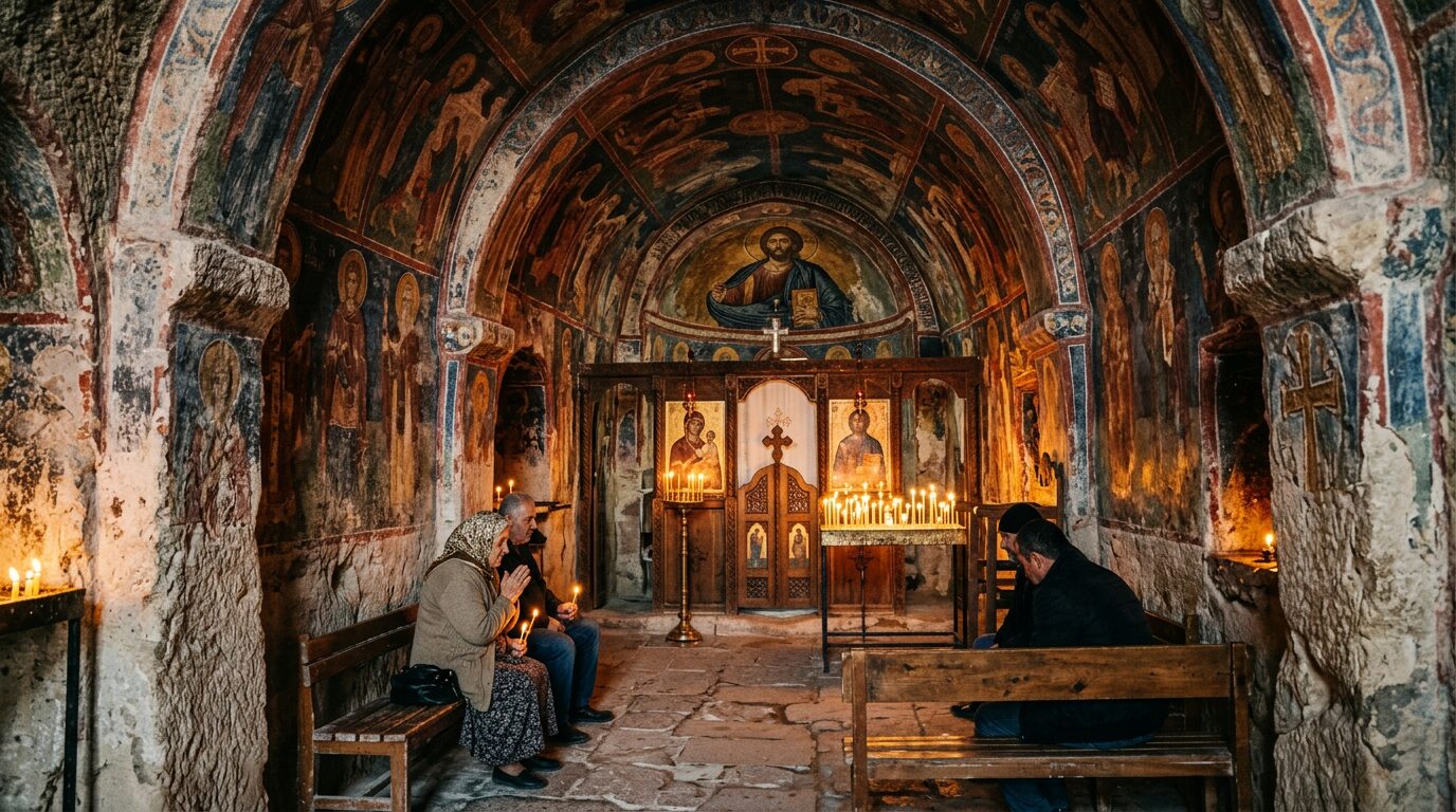 Byzantine frescoes inside a rock-cut cave church in Cappadocia lit by warm light
