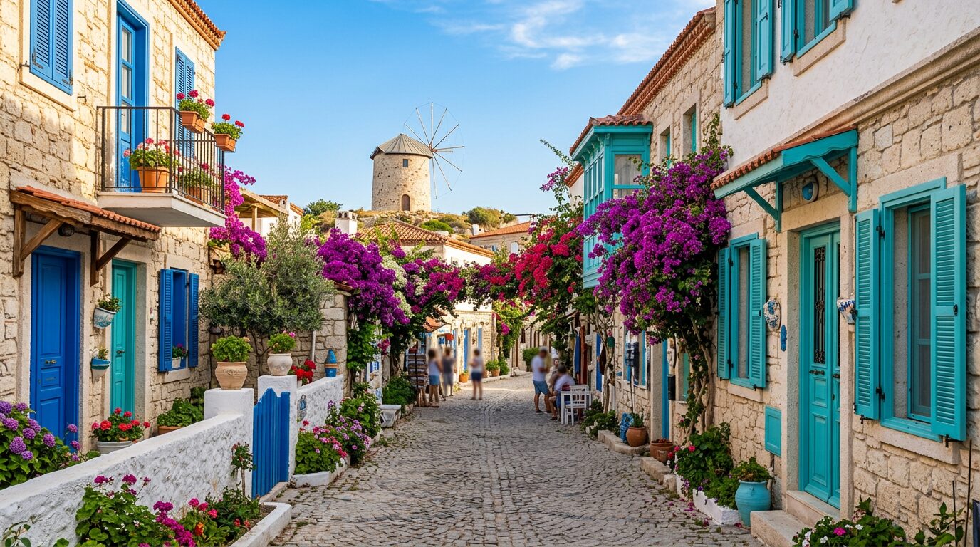 Cobblestone street in Alaçatı with blue wooden doors, bougainvillea and a stone windmill