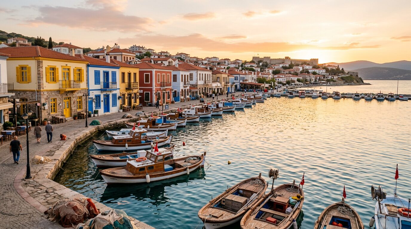 Colourful traditional seafront houses and fishing boats in the harbour of Foça