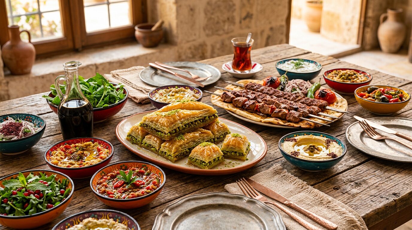 A colourful spread of Gaziantep baklava, kebabs and mezze on a rustic table