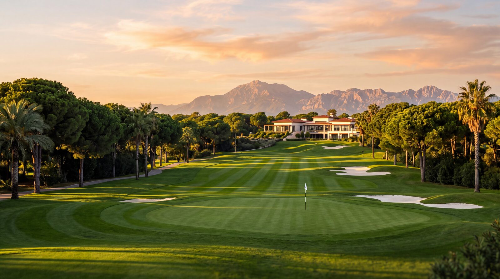 A lush championship golf course fairway lined with pine trees in Belek, Antalya, on the Turkish Mediterranean coast
