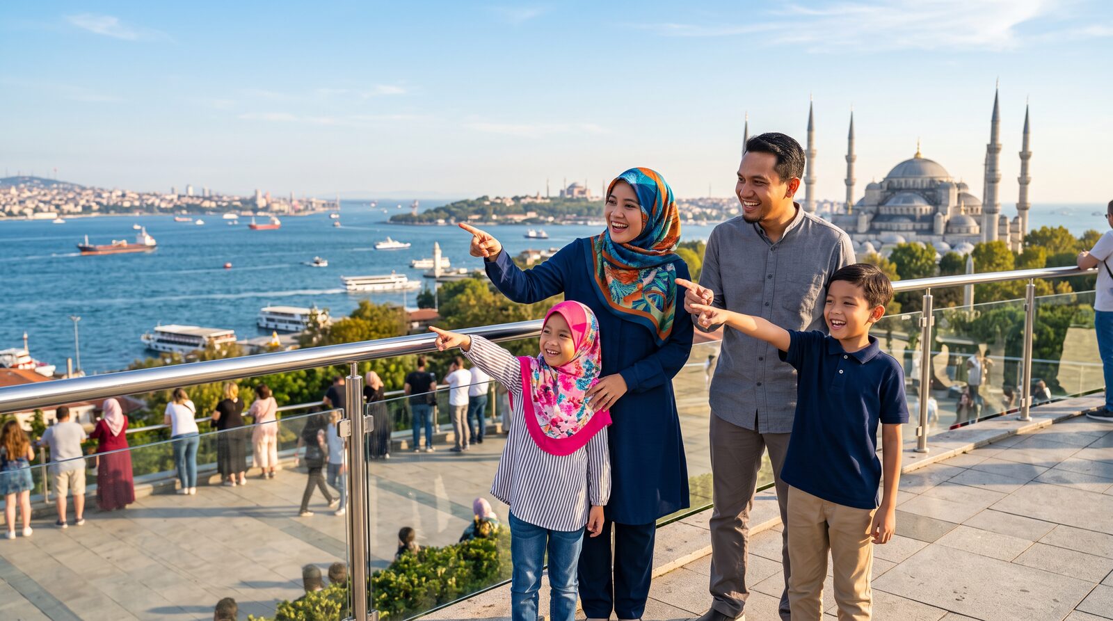An Indonesian Muslim family enjoying a Bosphorus viewpoint in Istanbul