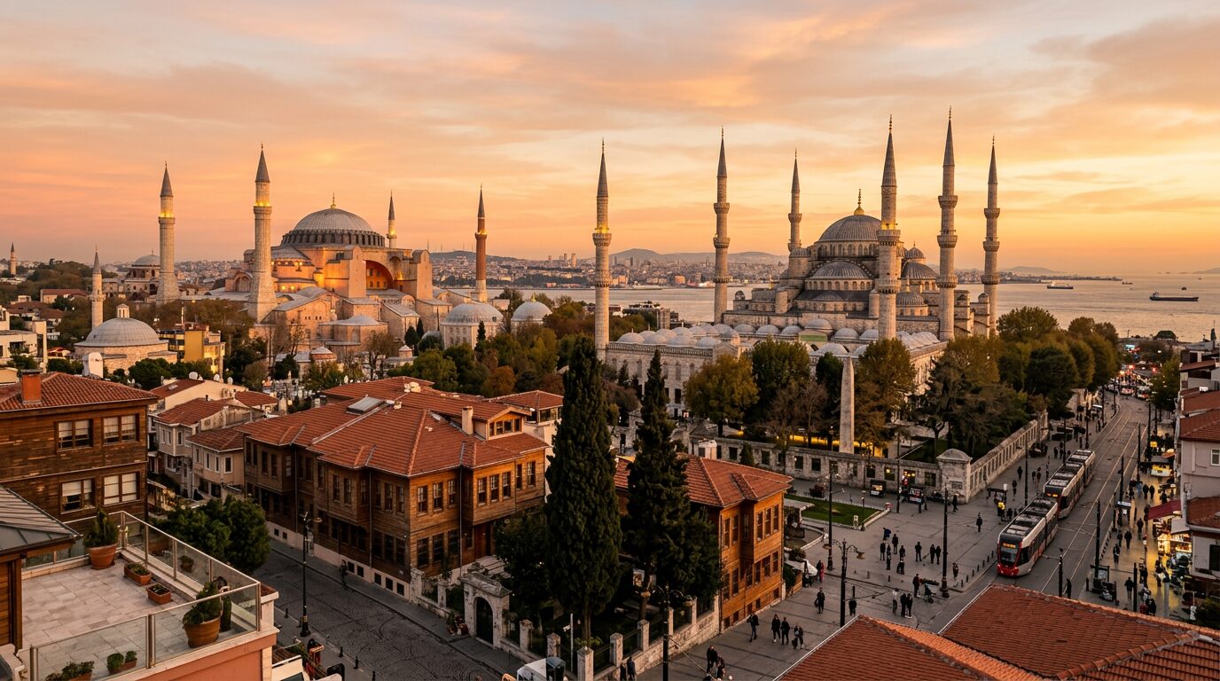 The domes and minarets of Hagia Sophia and the Blue Mosque in Istanbul at golden hour