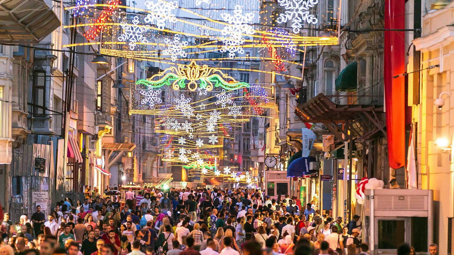 Festive winter lights glowing over İstiklal Avenue in Istanbul in December
