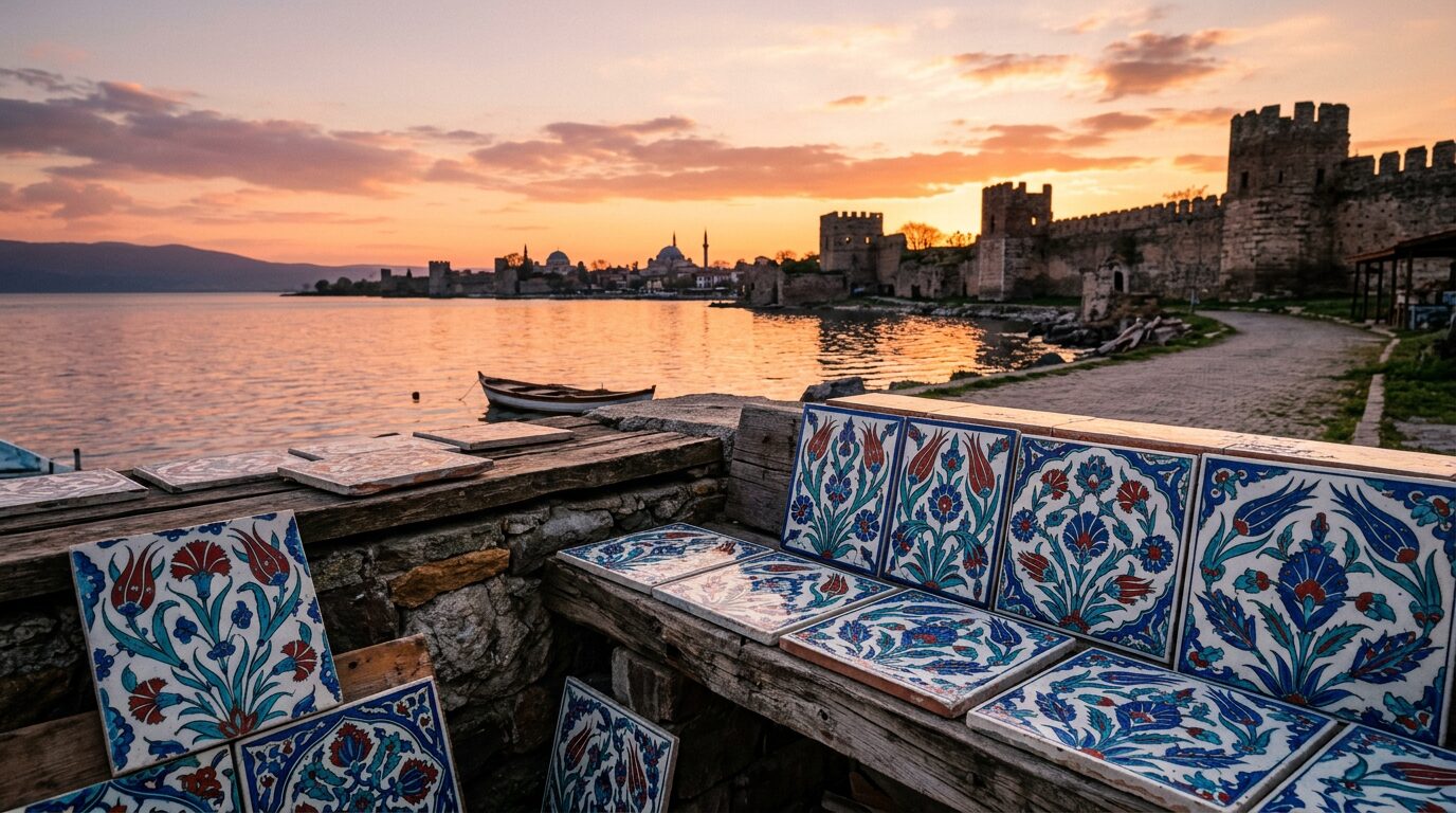 İznik lake at sunset with Byzantine walls and famous İznik ceramic tiles in the foreground