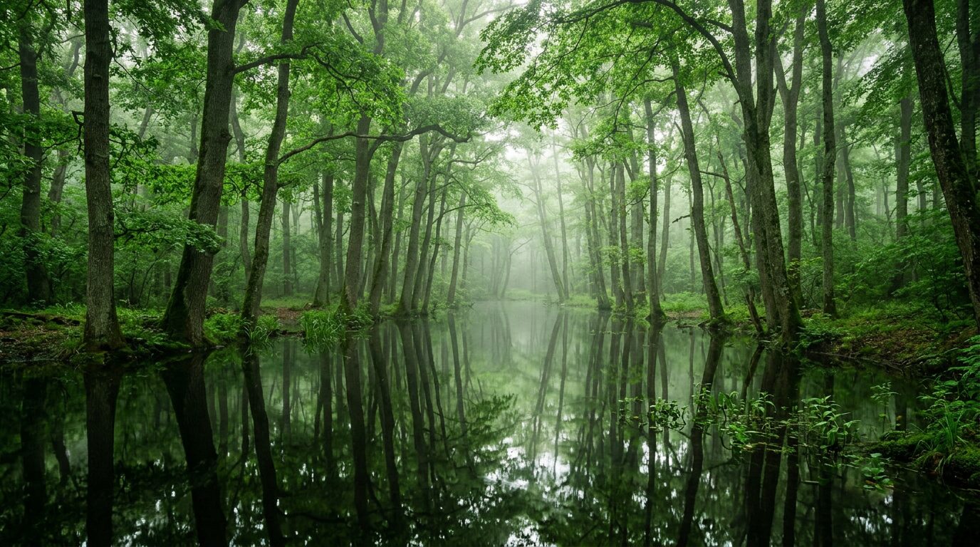 Tall trees reflected in the still water of the İğneada Longoz flooded forest
