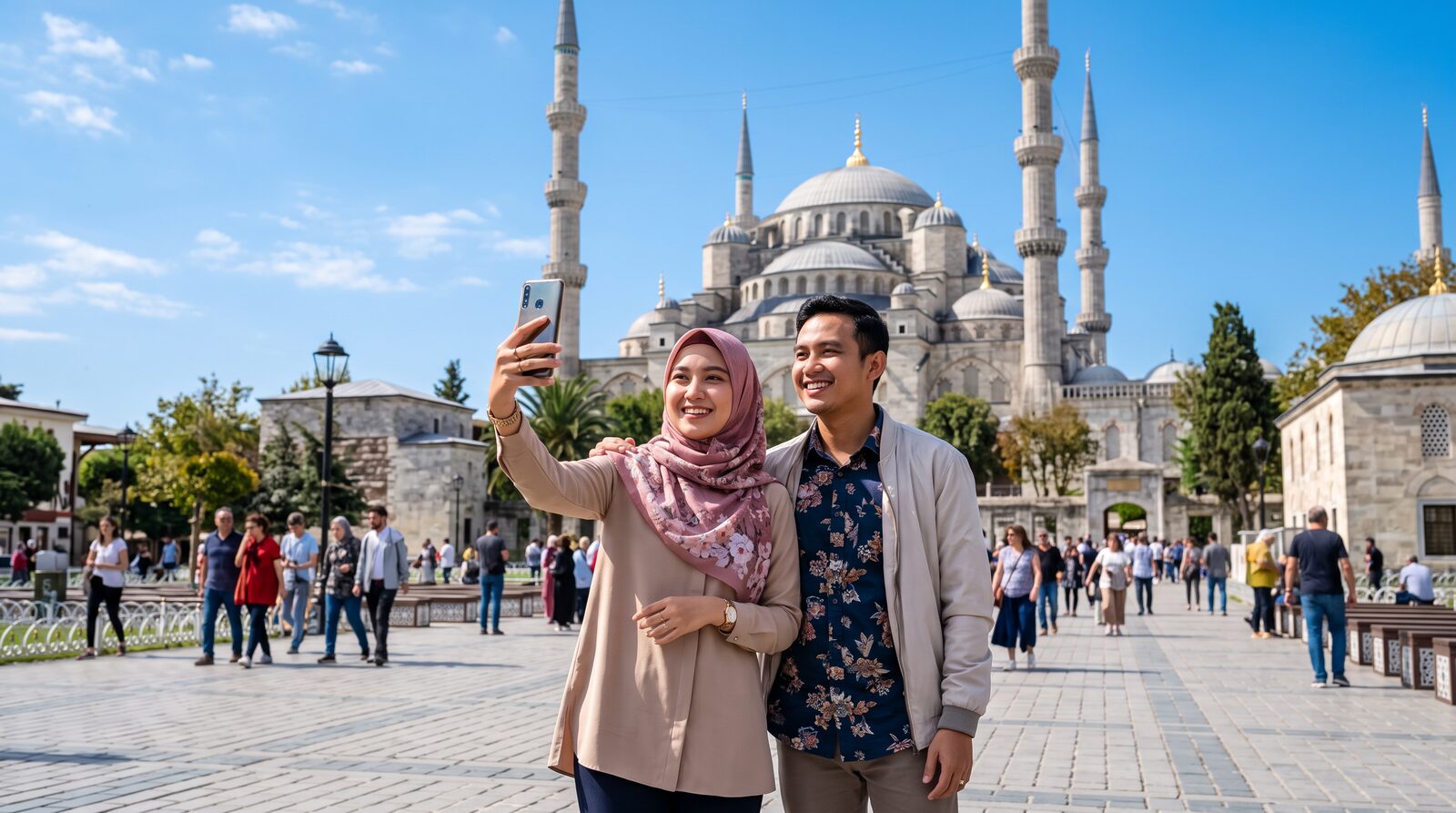 Malaysian Muslim tourists photographing the Blue Mosque in Istanbul
