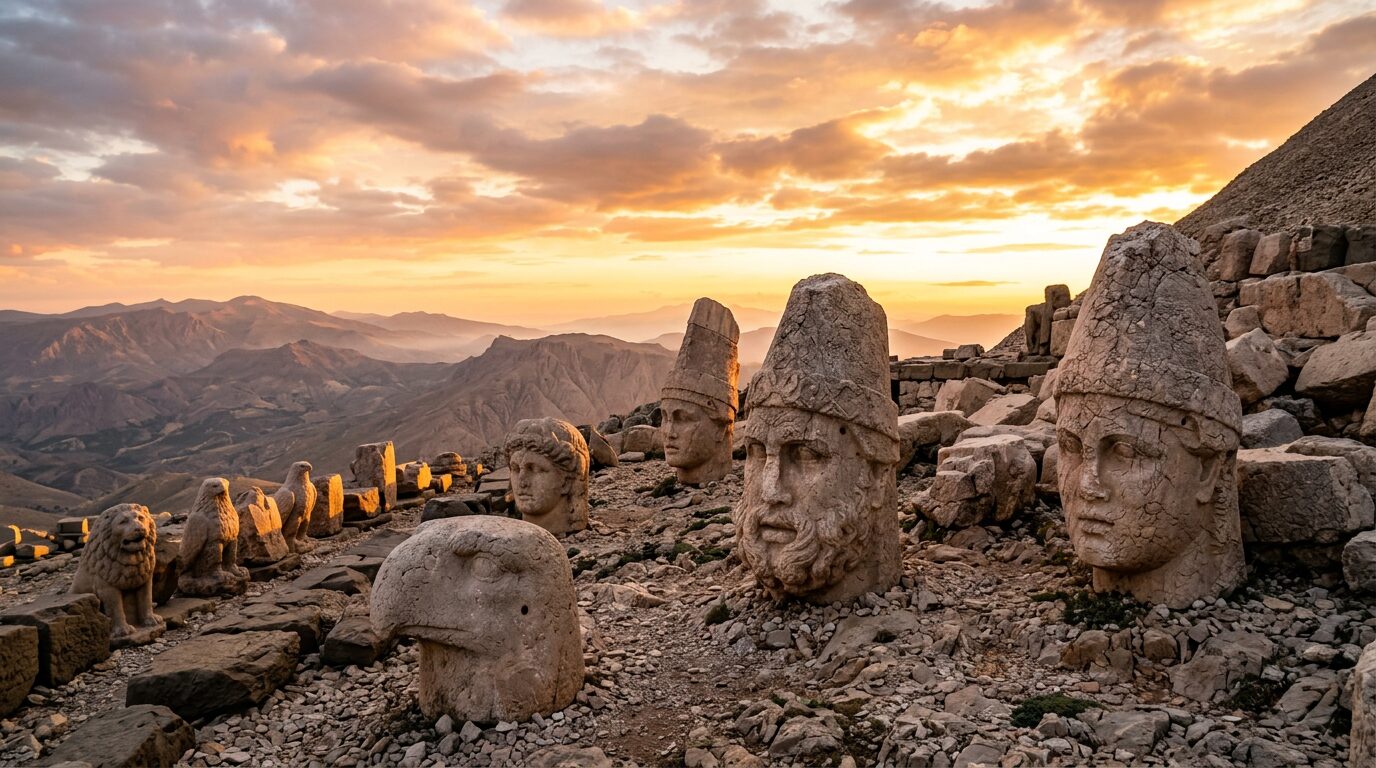 Colossal ancient stone heads of gods on the summit of Mount Nemrut at sunrise