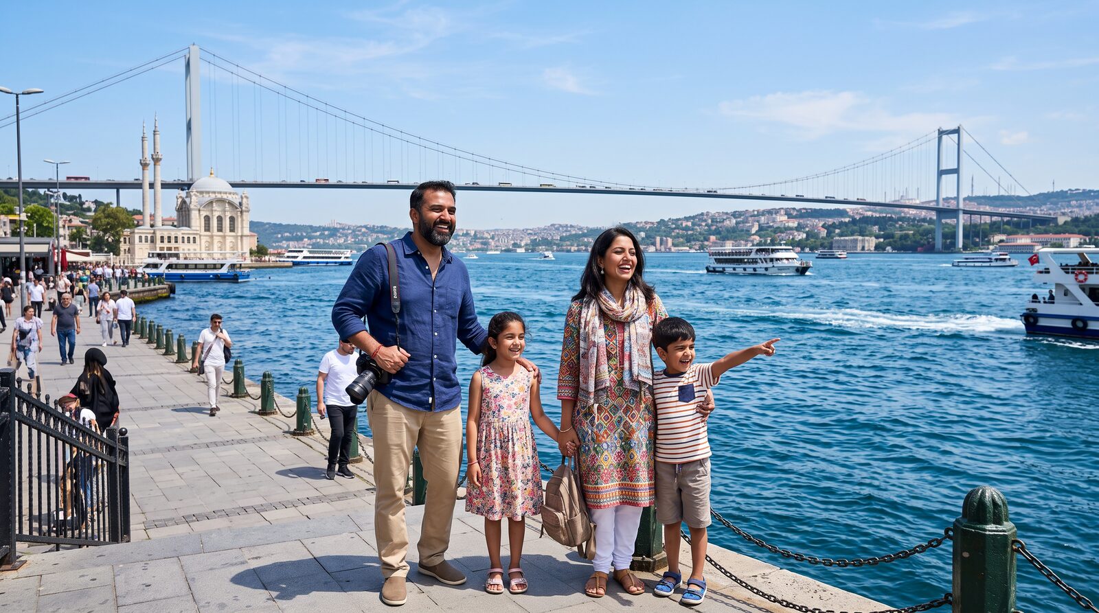 Pakistani tourists enjoying the Bosphorus waterfront in Istanbul
