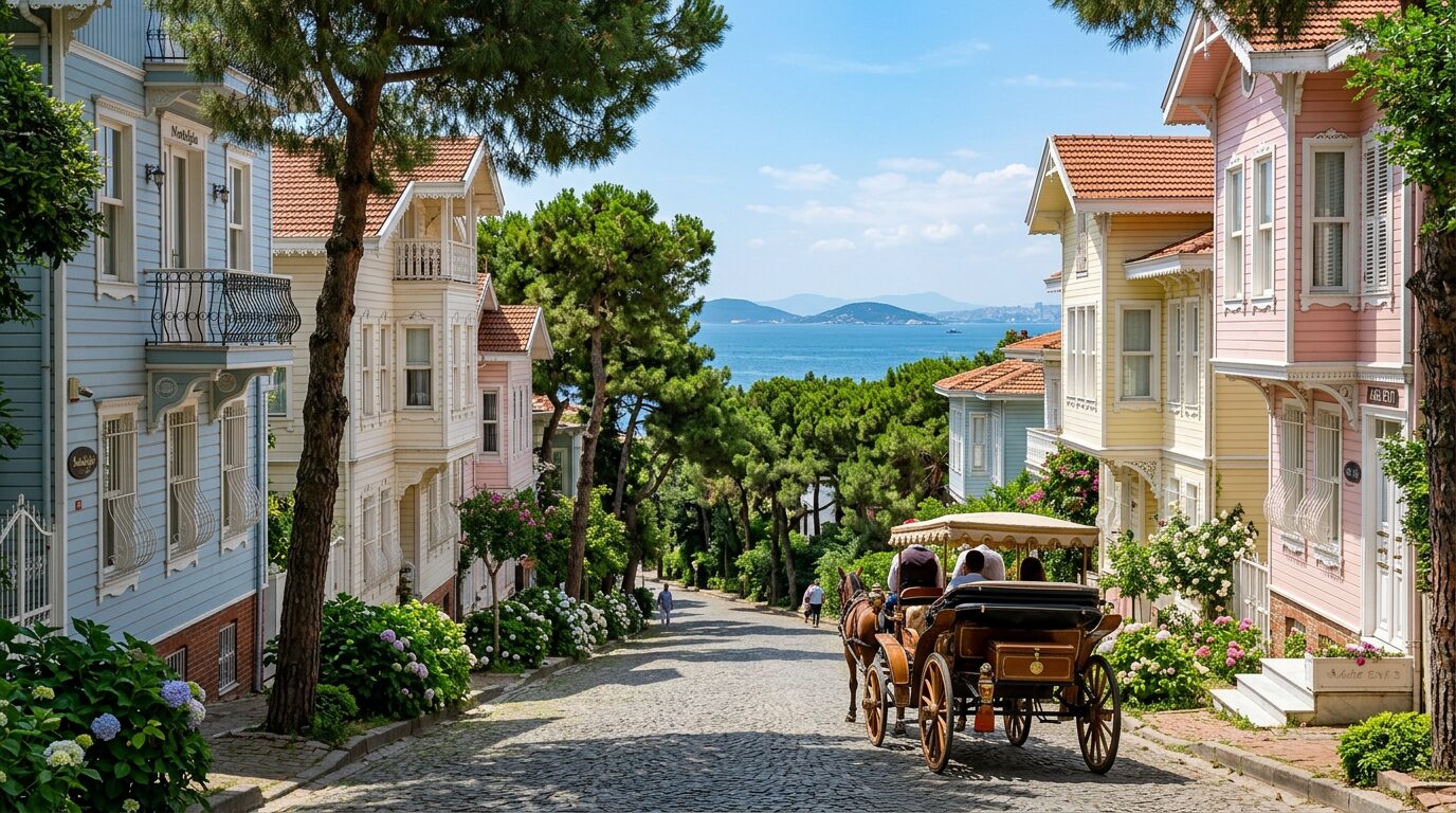 A horse-drawn phaeton and Victorian wooden mansions on a leafy street of Büyükada