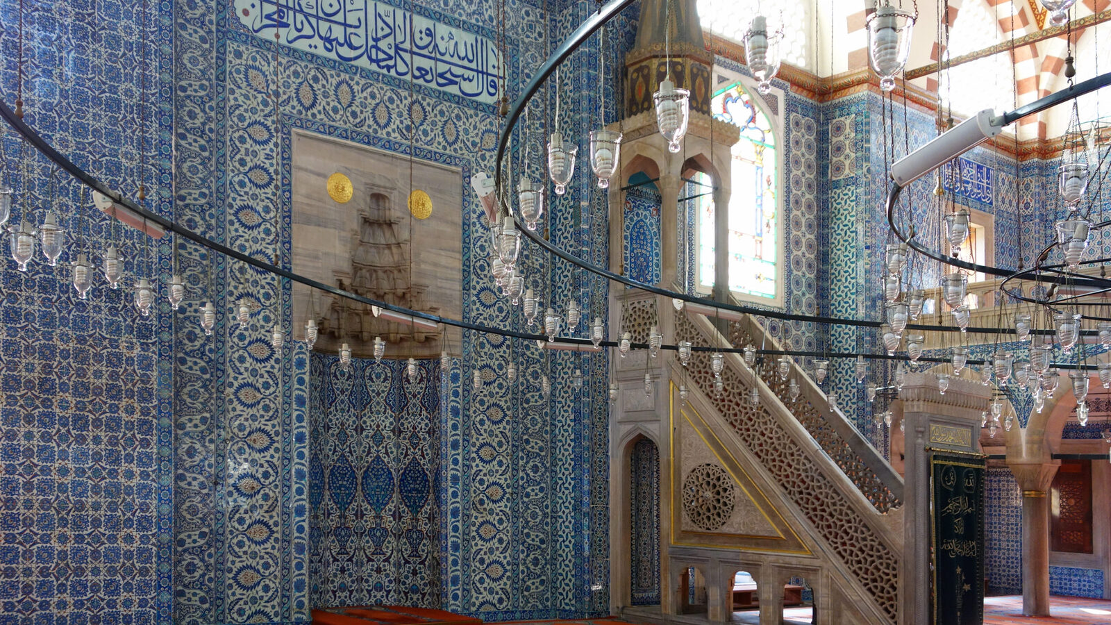 Exquisite blue İznik tiles covering the interior of Rüstem Paşa Mosque in Istanbul