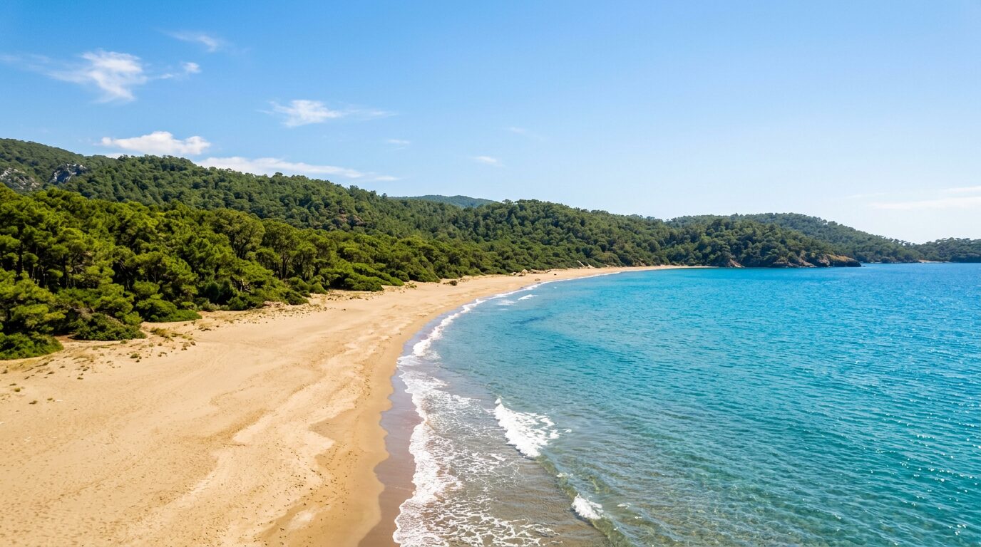 Long golden sandy beach backed by green pine forest at Sarıgerme near Dalaman