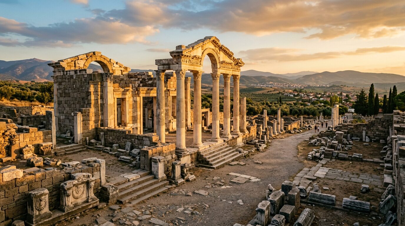 Golden-hour ruins and marble columns of an early Christian church in western Turkey