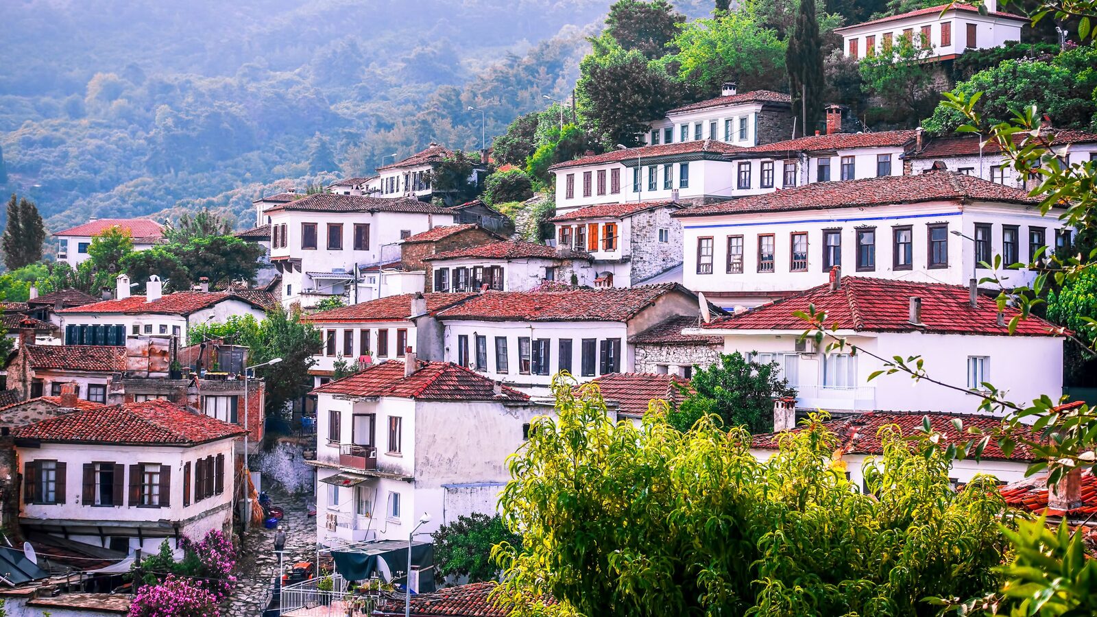 Whitewashed stone houses with terracotta roofs on the green hillside of Şirince village near Ephesus