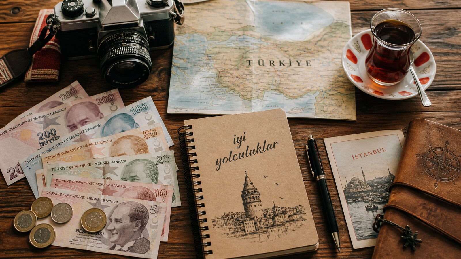 Turkish lira notes, a passport and a travel planner laid out for budgeting a Türkiye trip