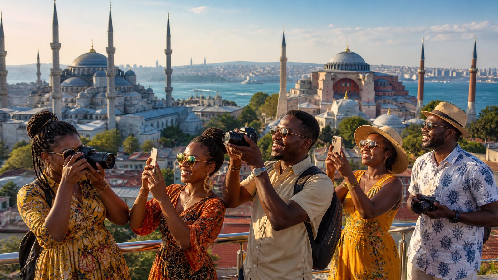 Happy travellers photographing the Istanbul skyline and Bosphorus during a Türkiye tour package