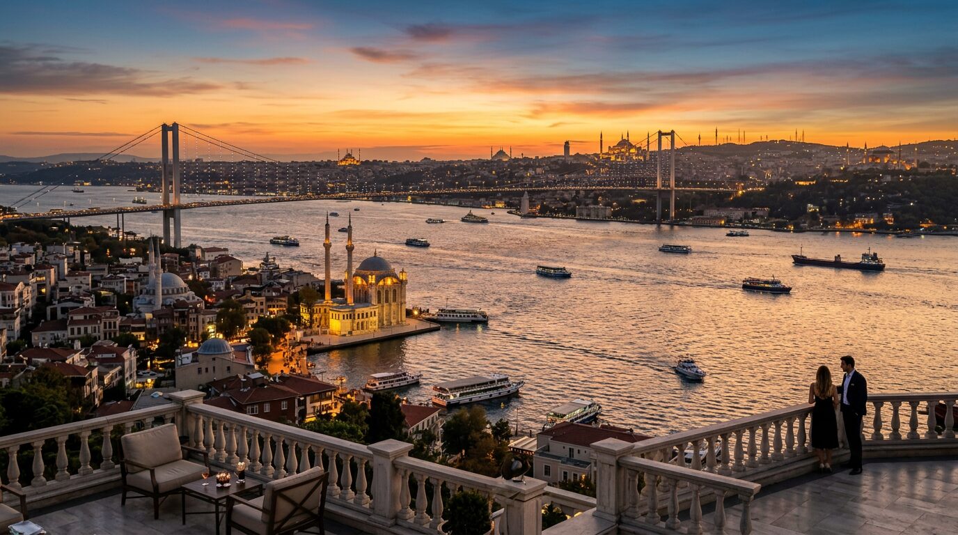 Golden-hour panorama of the Bosphorus and Istanbul’s mosques and bridge