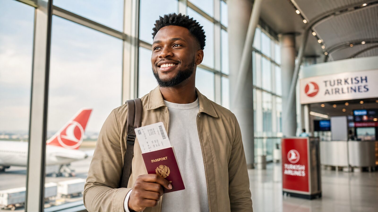 A Nigerian traveller holding a passport and boarding pass at the airport, ready to fly to Türkiye