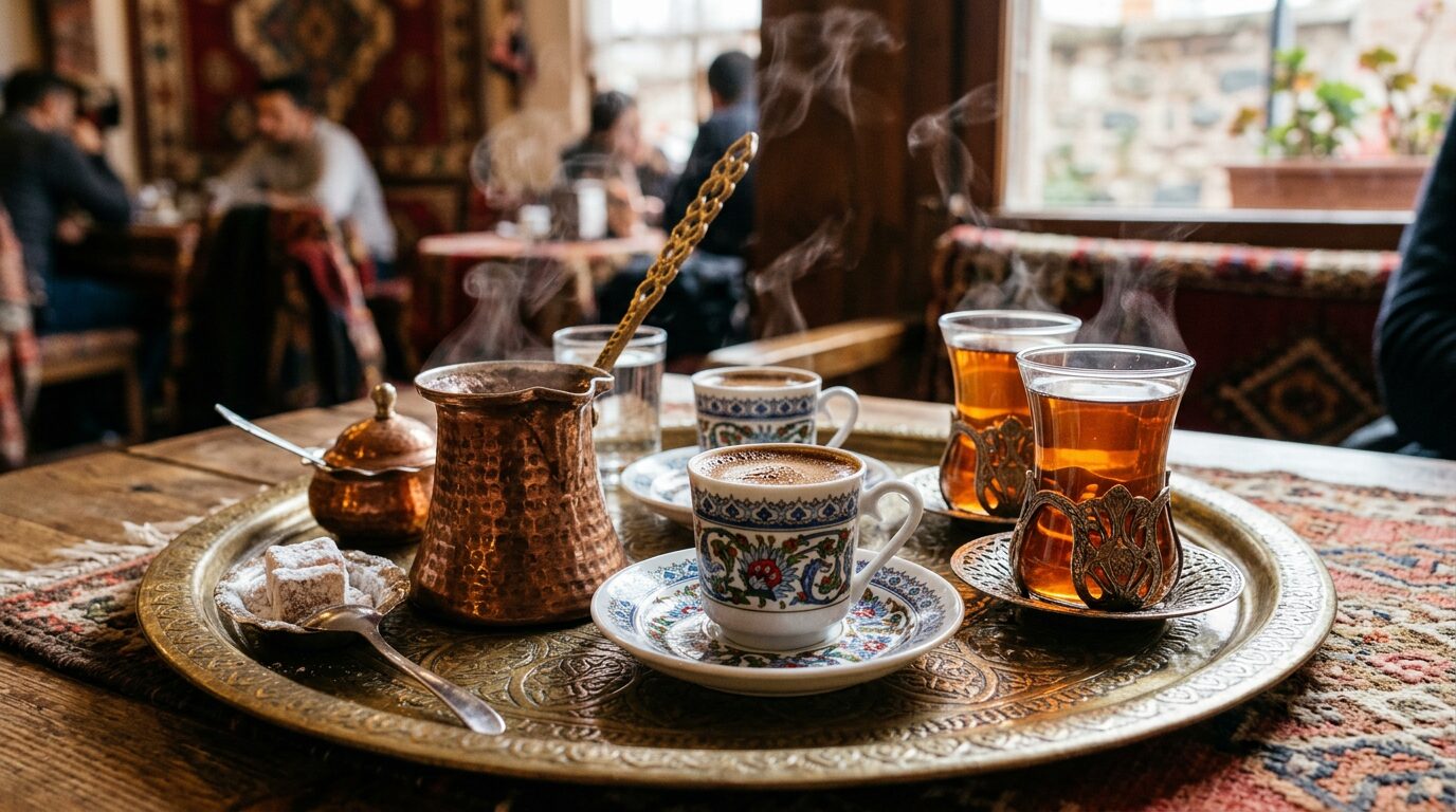 Traditional Turkish coffee in a copper cezve with tulip tea glasses on an ornate tray