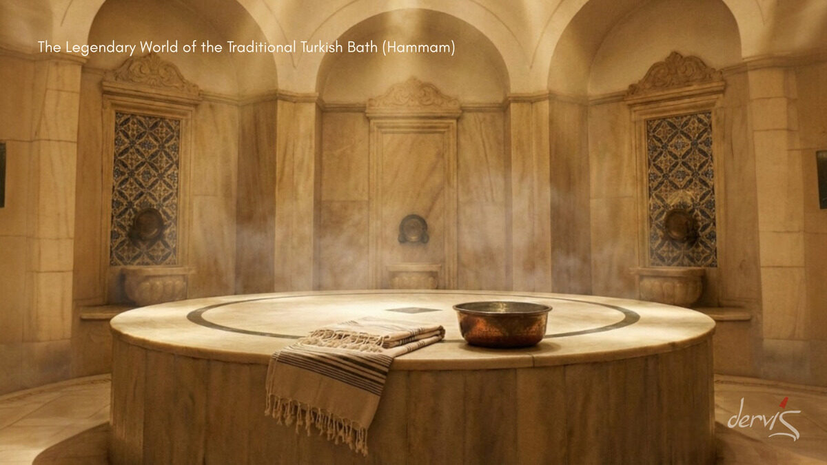 Sunbeams falling through the domed ceiling onto the heated marble stone of a historic Turkish hamam