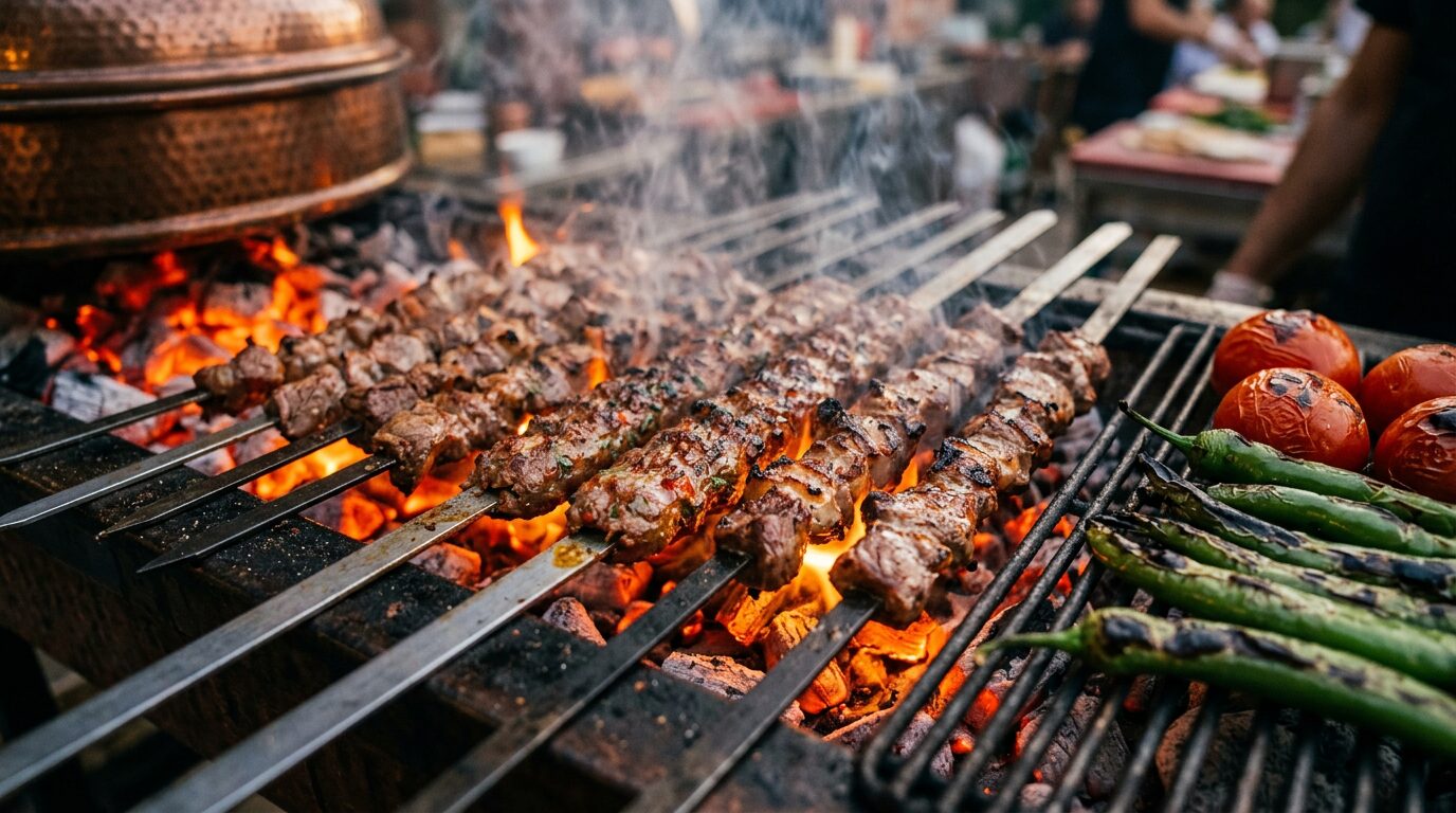 Sizzling Adana and şiş kebabs cooking over a charcoal mangal grill