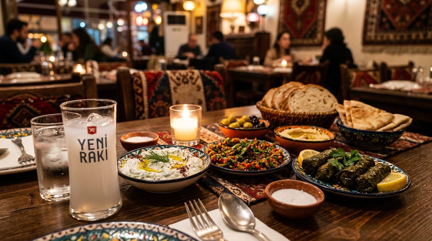Turkish wine served alongside a spread of meze