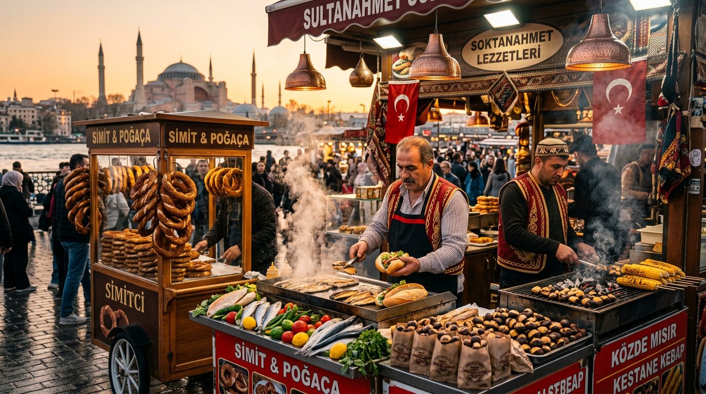 A vibrant Istanbul street food stall with simit, grilled corn and fish sandwiches