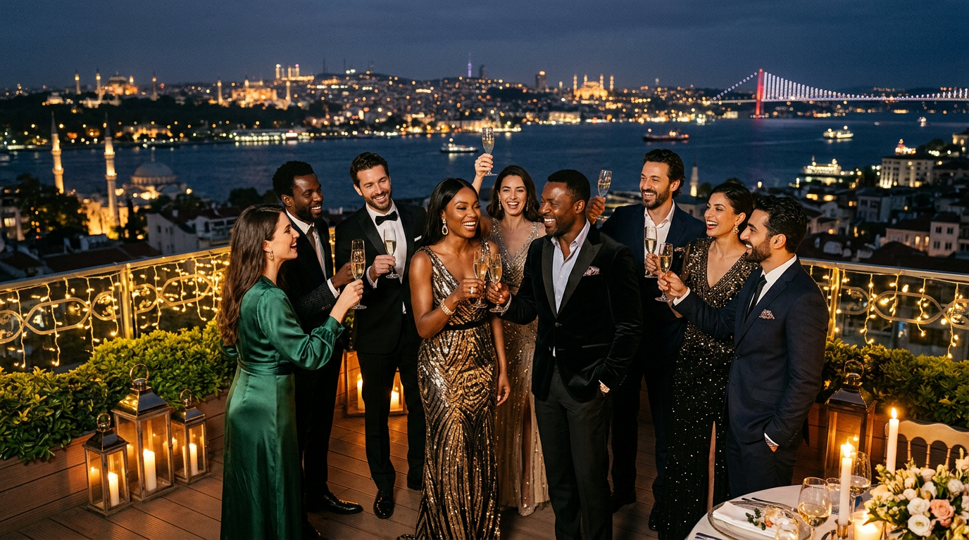 An elegant international group celebrating at night in Türkiye