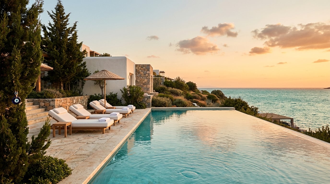 Luxury wellness resort infinity pool overlooking the Aegean sea in Türkiye